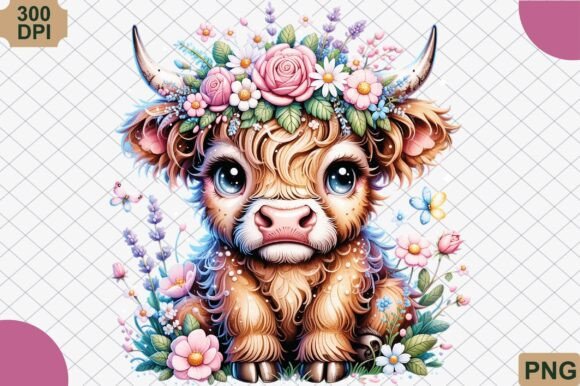 Download Boho Highland Cow and Pink Flowers PNG - Boho Collection